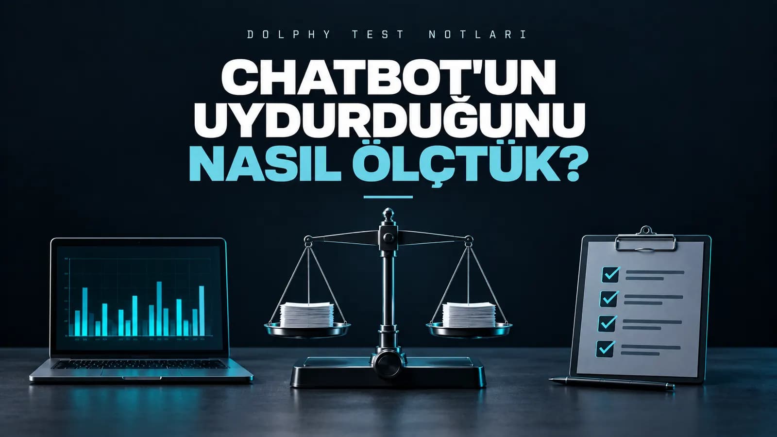 Grafikli laptop, ortada hassas terazi ve kontrol listesi; üstte “Chatbot'un uydurduğunu nasıl ölçtük?” başlığı