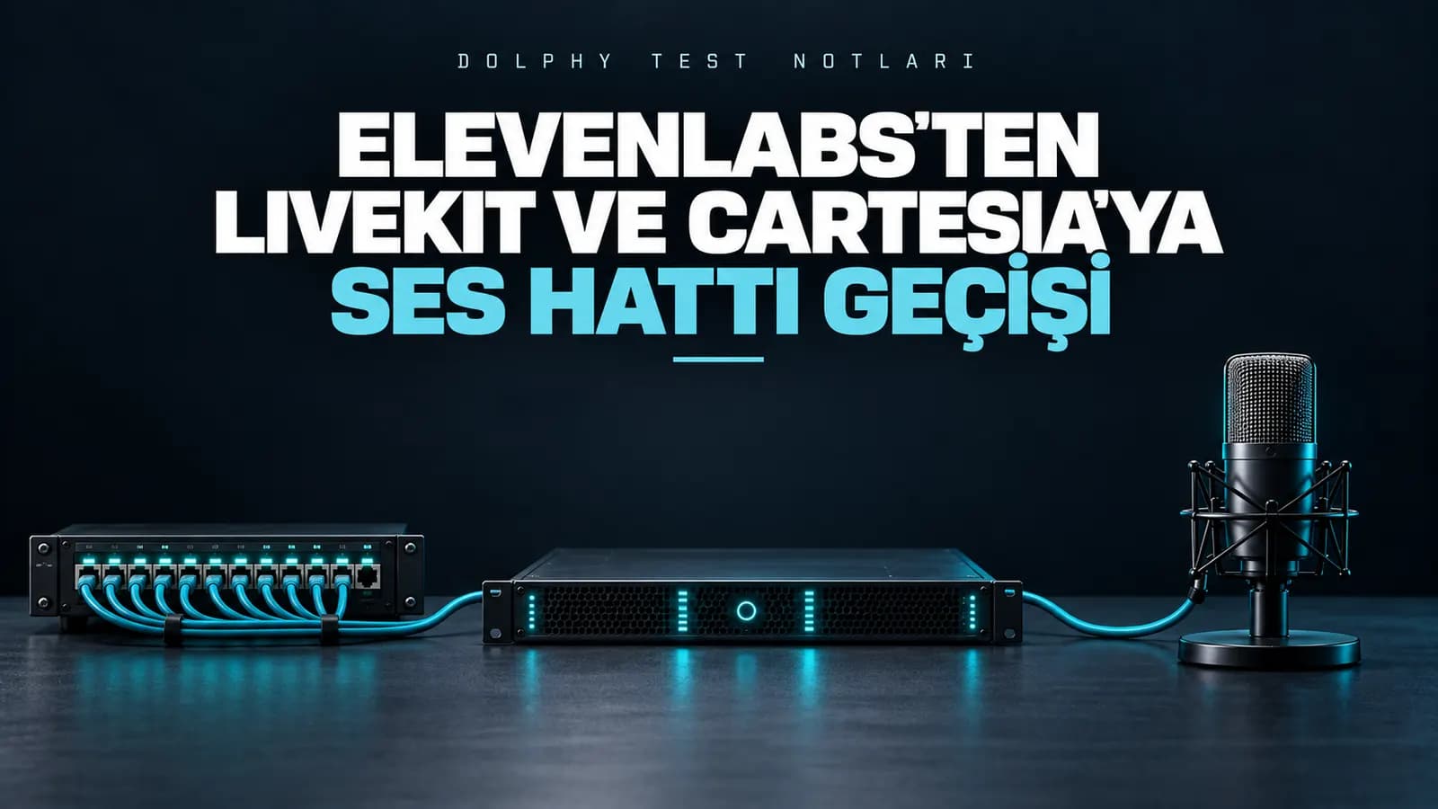 Bağlantı paneli, sunucu ve mikrofonu birleştiren tek kablo; üstte “ElevenLabs'ten LiveKit ve Cartesia'ya ses hattı geçişi” başlığı