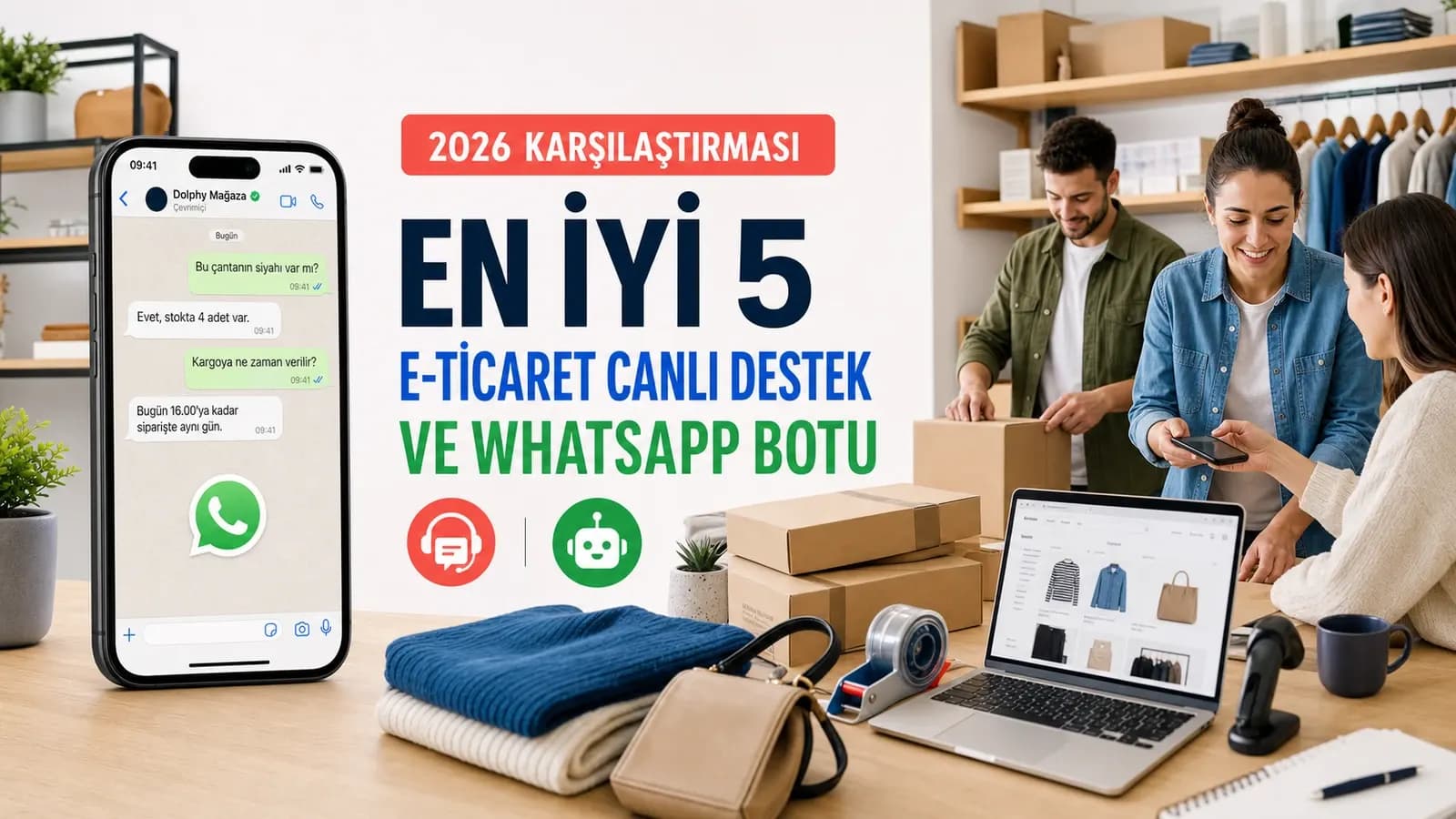 E-ticaret canlı destek ve WhatsApp botu kullanan müşteri hizmetleri ekibi