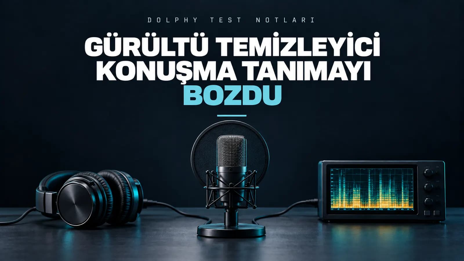 Kulaklık, pop filtreli mikrofon ve spektrogram ekranı; üstte “Gürültü temizleyici konuşma tanımayı bozdu” başlığı