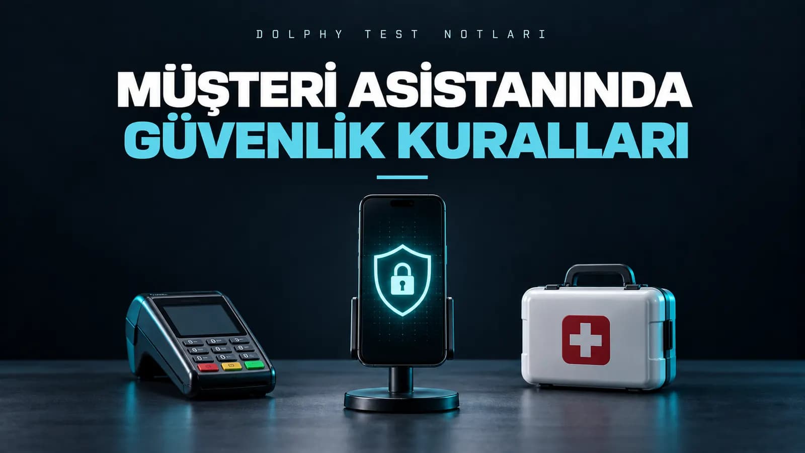 Kart ödeme cihazı, kalkan simgeli telefon ve ilk yardım çantası; üstte “Müşteri asistanında güvenlik kuralları” başlığı