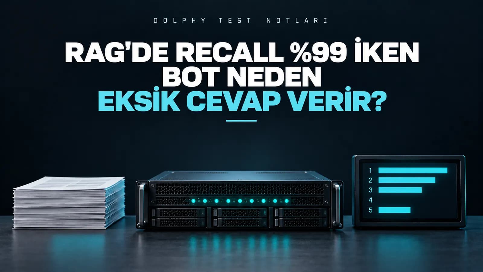 Test tezgâhında belge yığını, sunucu modülü ve bir çubuğu eksik sıralı liste ekranı; üstte “RAG'de recall %99 iken bot neden eksik cevap verir?” başlığı