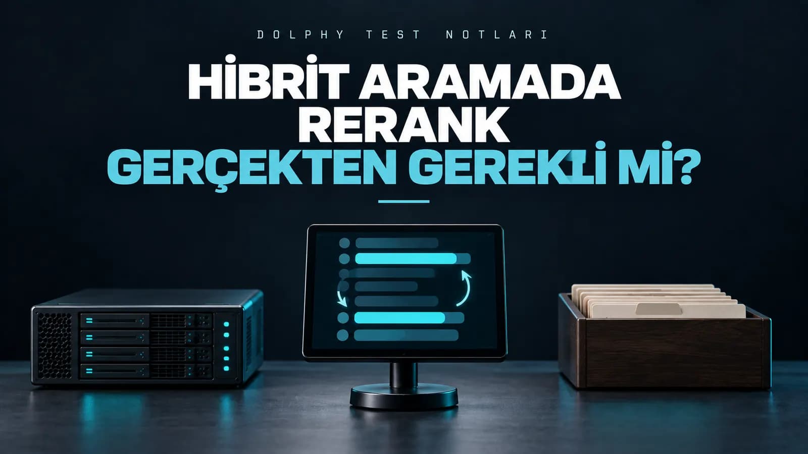Sunucu modülü, sırası değişen sonuç listesi ekranı ve kart kutusu; üstte “Hibrit aramada rerank gerçekten gerekli mi?” başlığı