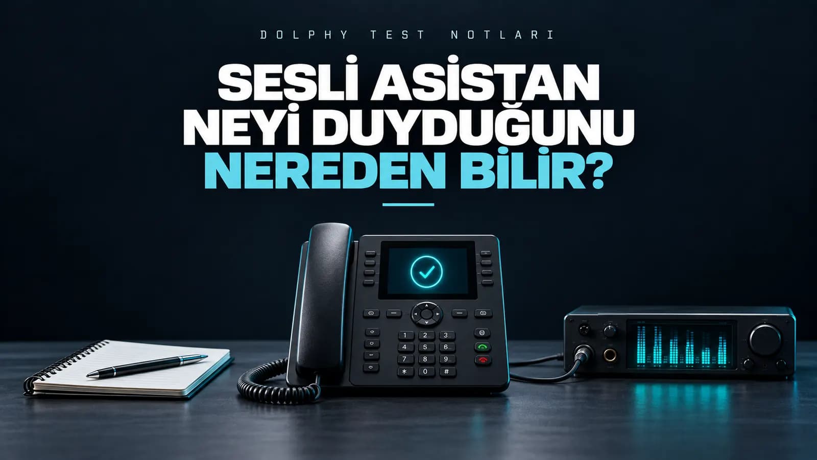 Not defteri, ekranında onay işareti olan masa telefonu ve ses kartı; üstte “Sesli asistan neyi duyduğunu nereden bilir?” başlığı