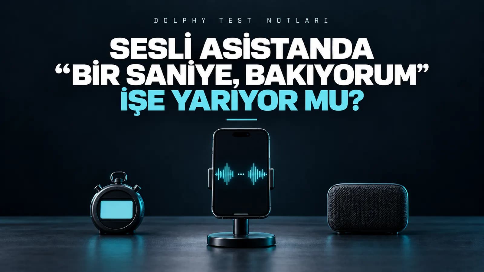 Kronometre, ortasında boşluk olan ses dalgalı telefon ve hoparlör; üstte “Bir saniye, bakıyorum işe yarıyor mu?” başlığı