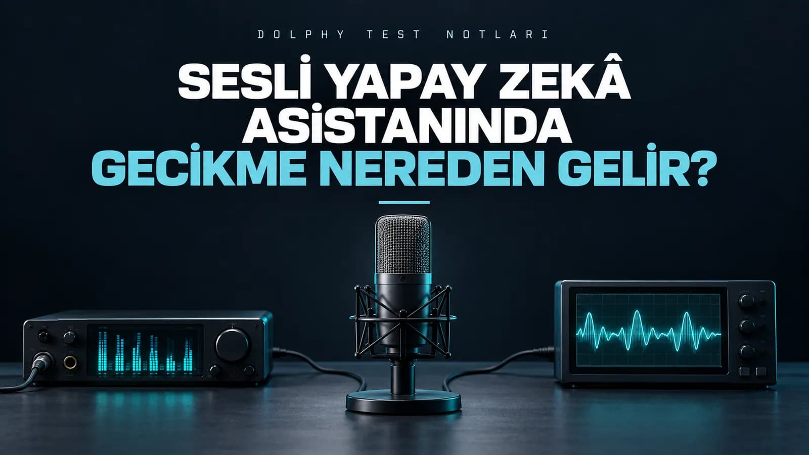 Karanlık test tezgâhında stüdyo mikrofonu, ses kartı ve osiloskop; üstte “Sesli yapay zekâ asistanında gecikme nereden gelir?” başlığı