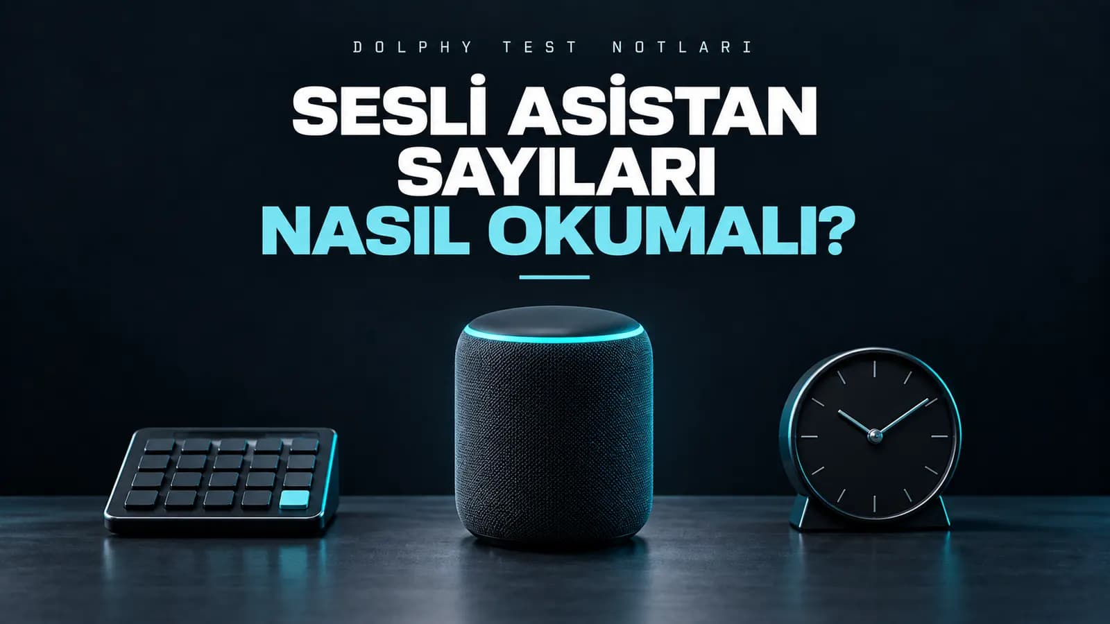 Tuş takımı, akıllı hoparlör ve analog masa saati; üstte “Sesli asistan sayıları nasıl okumalı?” başlığı