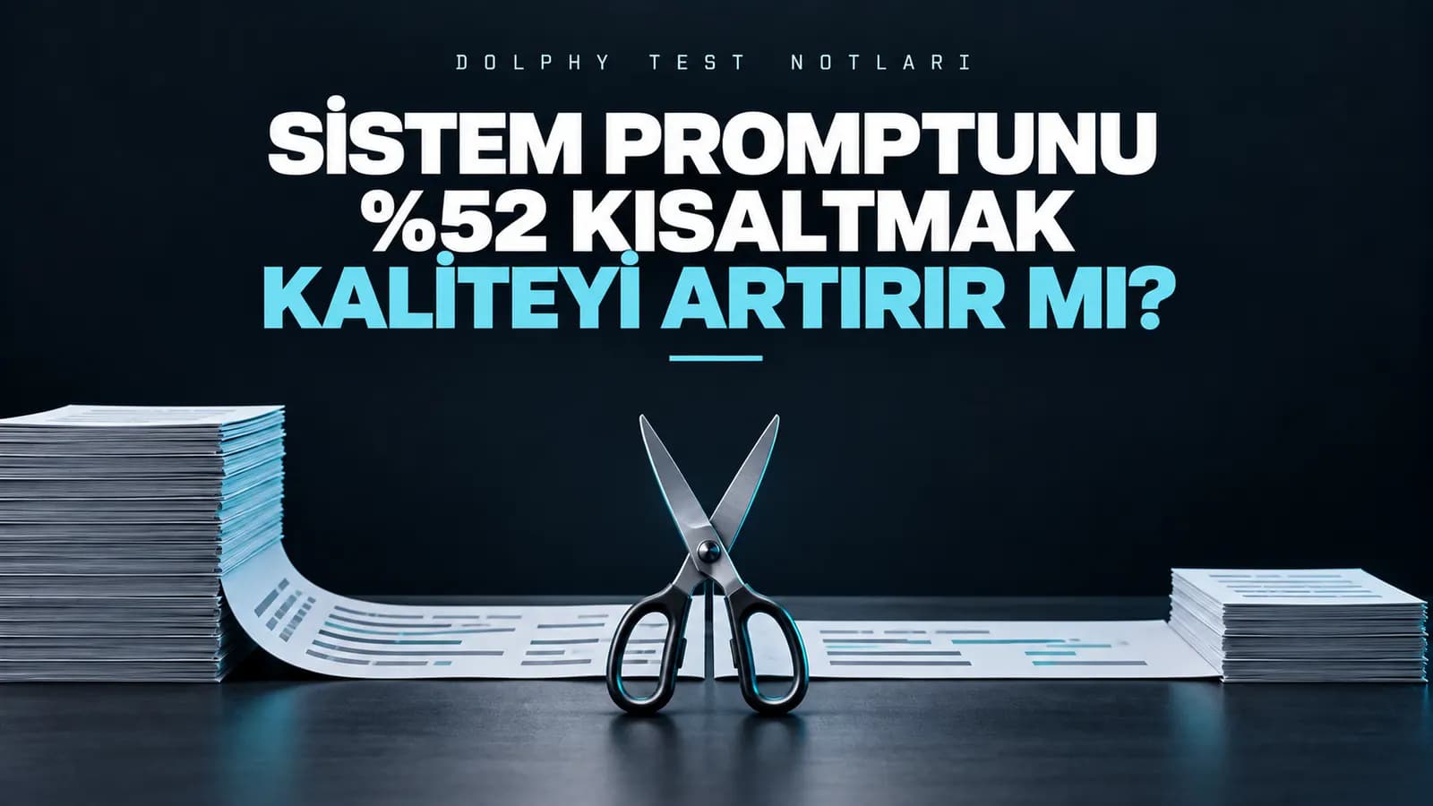 Uzun ve kısa kâğıt yığınları arasında kâğıt şeridini kesen makas; üstte “Sistem promptunu %52 kısaltmak kaliteyi artırır mı?” başlığı