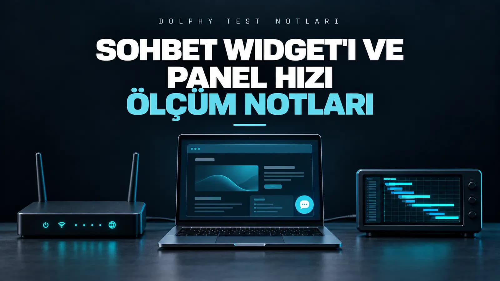 Router, köşesinde sohbet balonu olan web sitesi açık laptop ve süre çubuklu ekran; üstte “Sohbet widget'ı ve panel hızı” başlığı