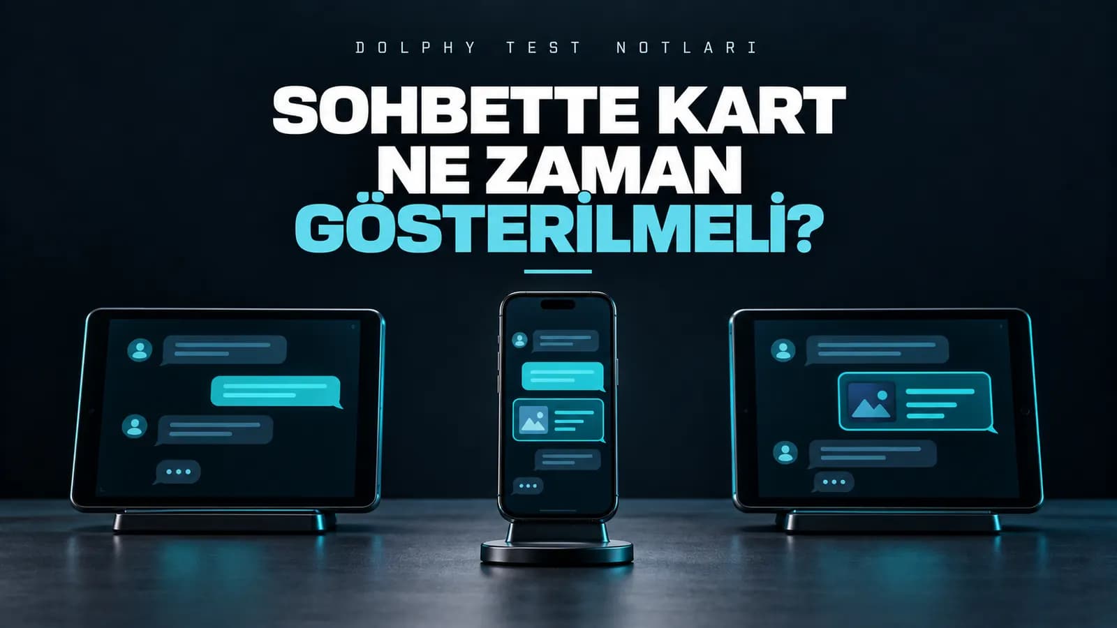 İki tablet ve ortada telefonda sohbet balonları arasında küçük bir kart; üstte “Sohbette kart ne zaman gösterilmeli?” başlığı