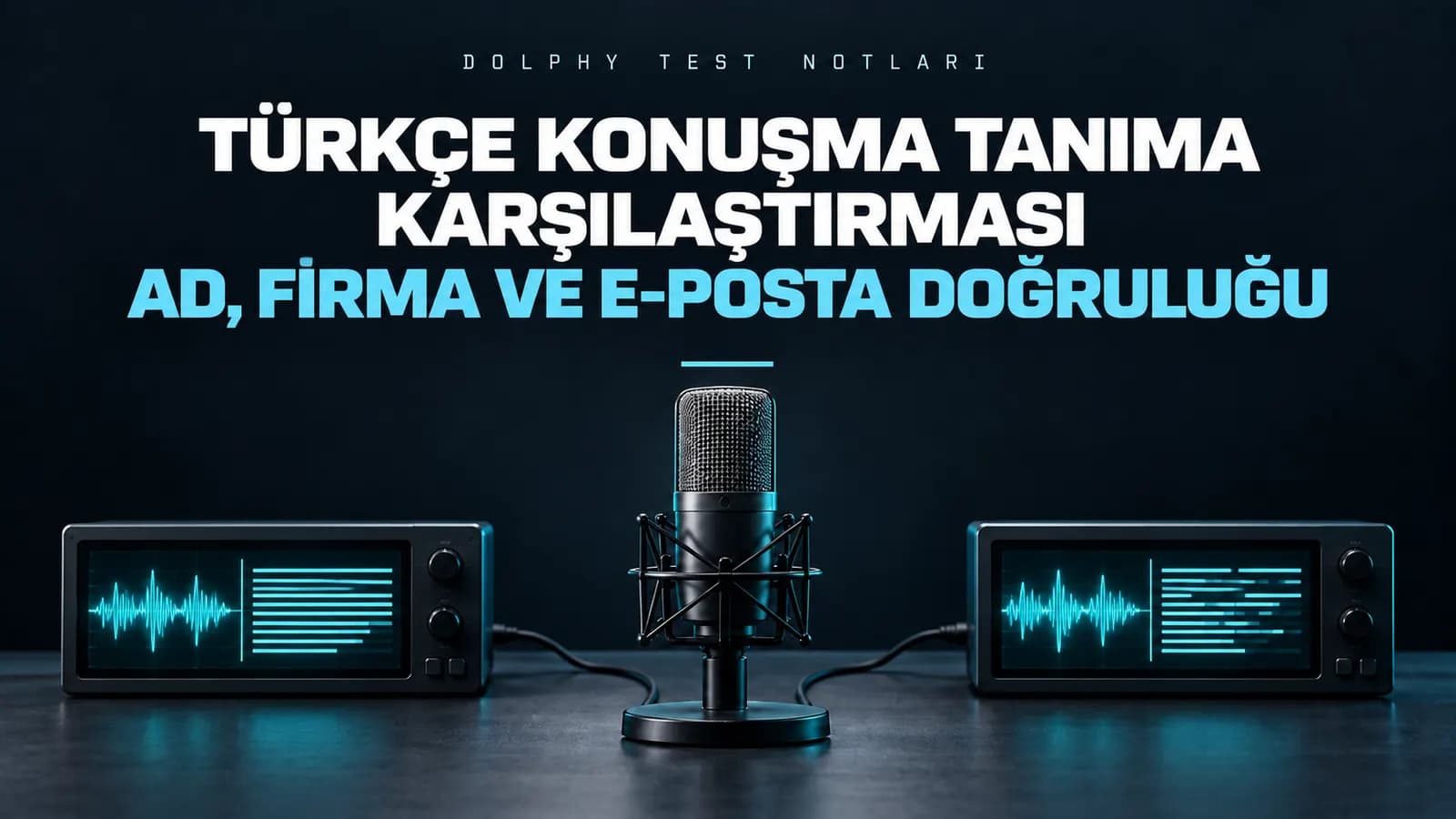 Ortada stüdyo mikrofonu, iki yanında sesi metin satırlarına çeviren iki ekran; üstte “Türkçe konuşma tanıma karşılaştırması” başlığı