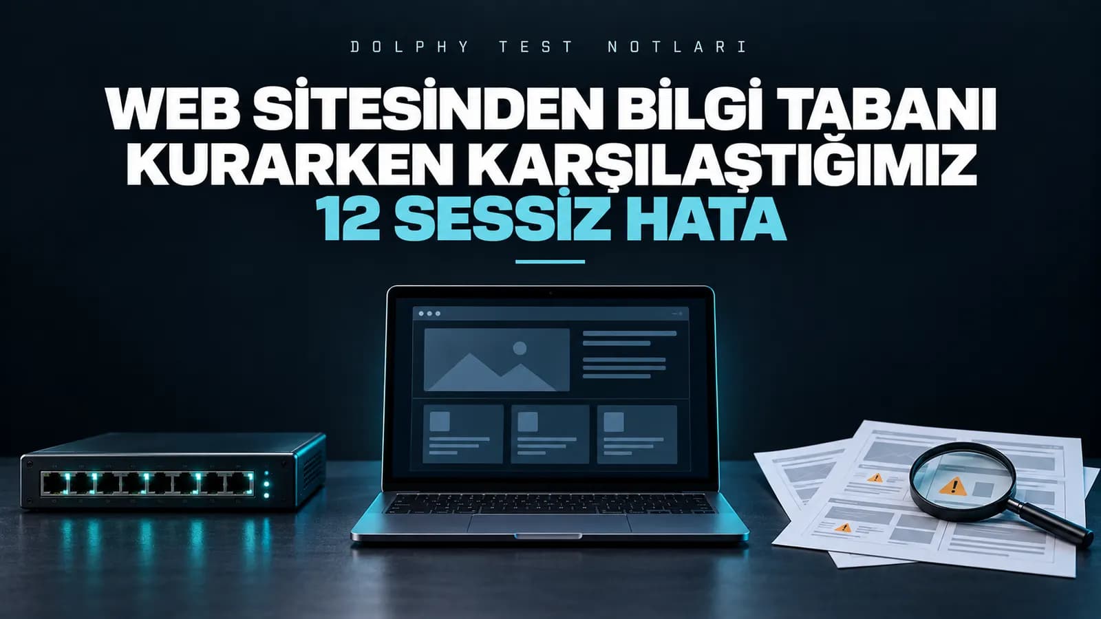 Test tezgâhında ağ anahtarı, web sayfası taslağı açık laptop ve uyarı işaretli çıktılar üstünde büyüteç; üstte “12 sessiz hata” başlığı