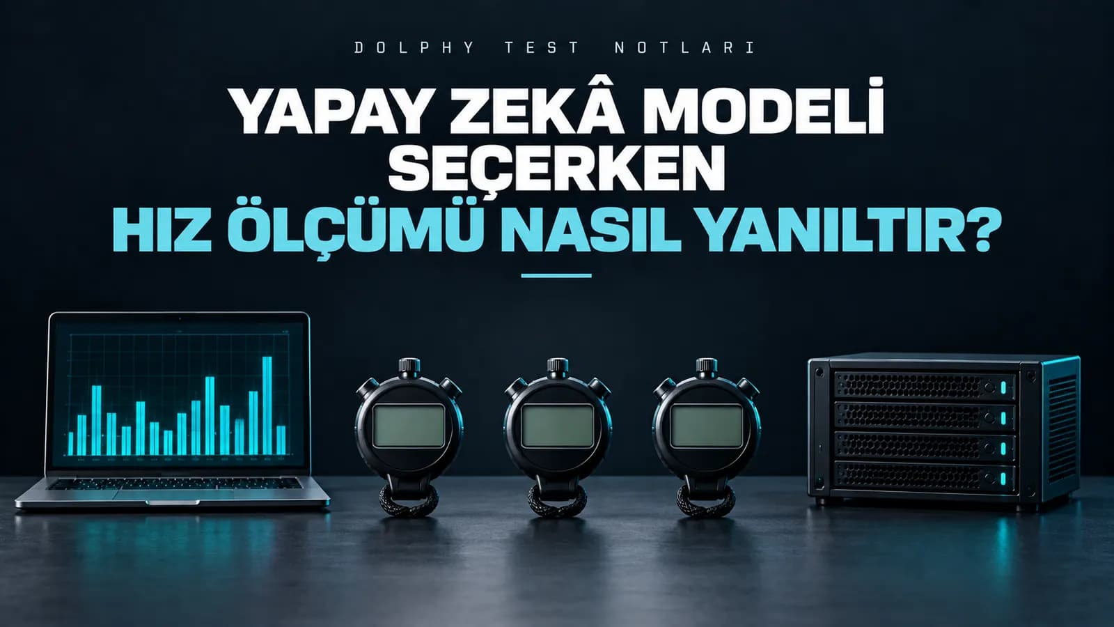Grafikli laptop, yan yana üç kronometre ve sunucu; üstte “Yapay zekâ modeli seçerken hız ölçümü nasıl yanıltır?” başlığı
