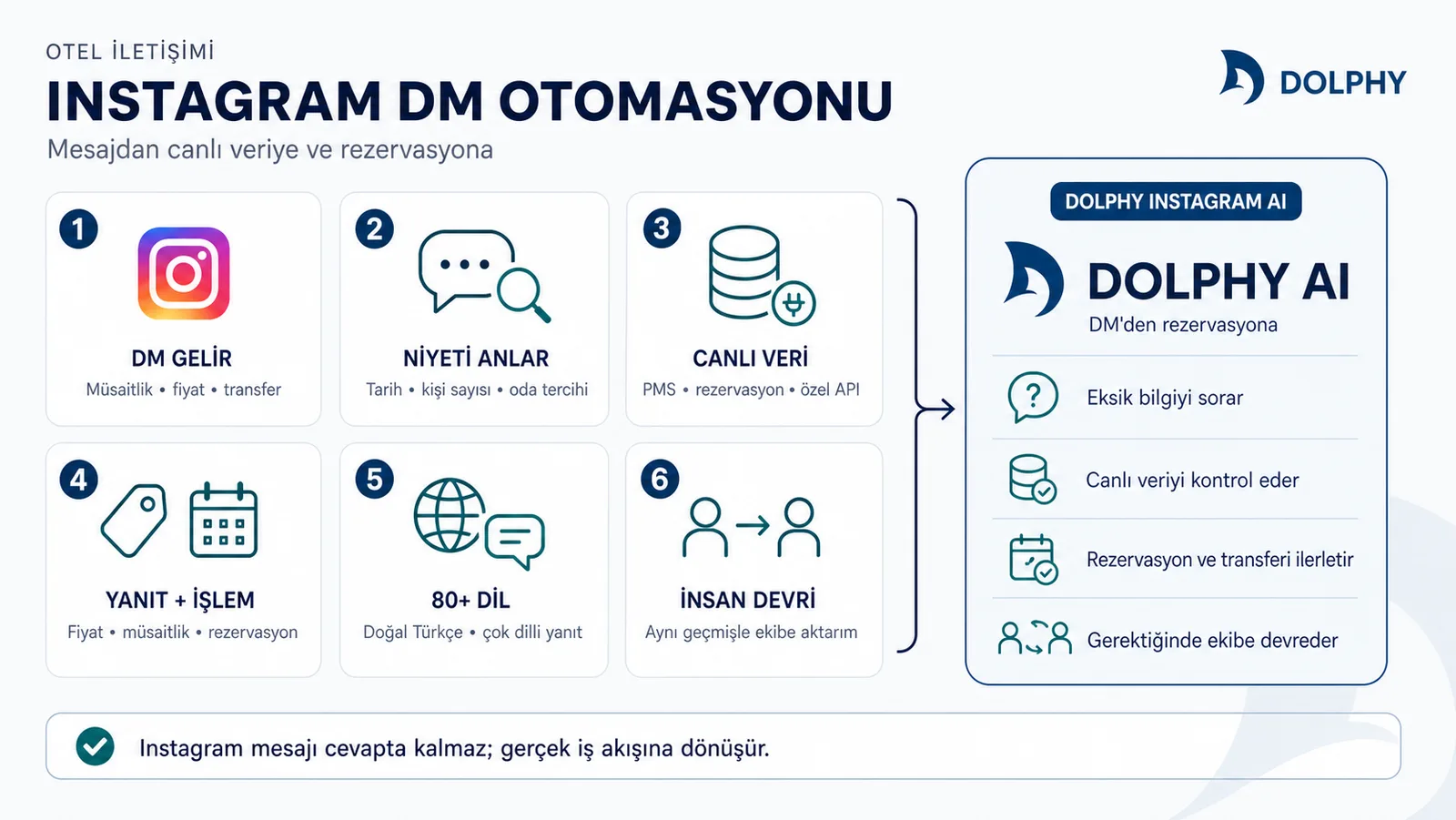 Instagram DM mesajının Dolphy ile canlı veri, rezervasyon ve insan devrine dönüşmesi